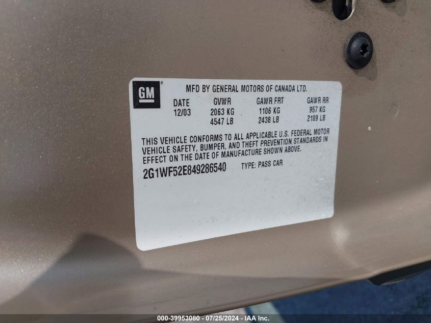 2004 Chevrolet Impala VIN: 2G1WF52E849286540 Lot: 39953080