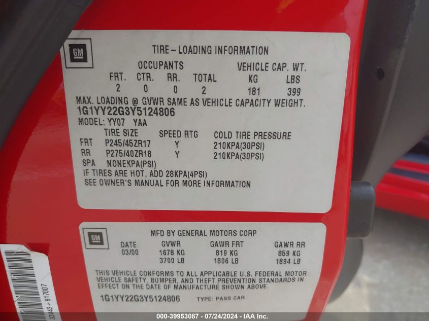 2000 Chevrolet Corvette VIN: 1G1YY22G3Y5124806 Lot: 39953087