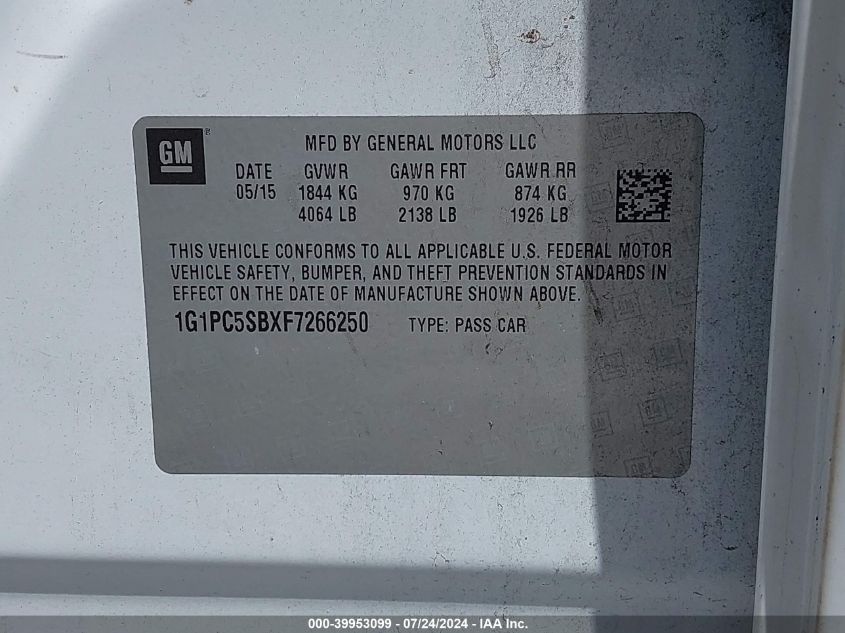 2015 Chevrolet Cruze 1Lt Auto VIN: 1G1PC5SBXF7266250 Lot: 39953099
