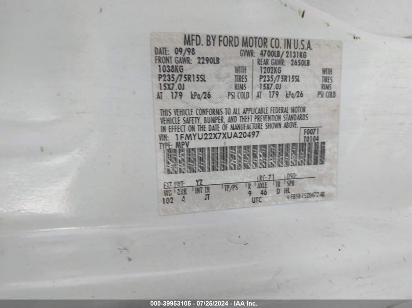 1999 Ford Explorer Sport VIN: 1FMYU22X7XUA20497 Lot: 39953105