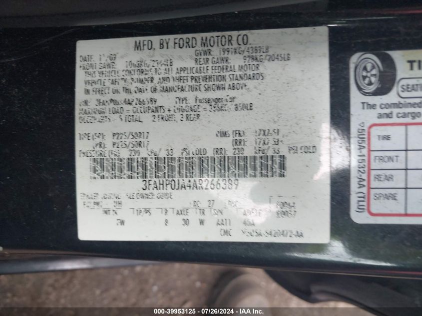 2010 Ford Fusion Sel VIN: 3FAHP0JA4AR266389 Lot: 39953125