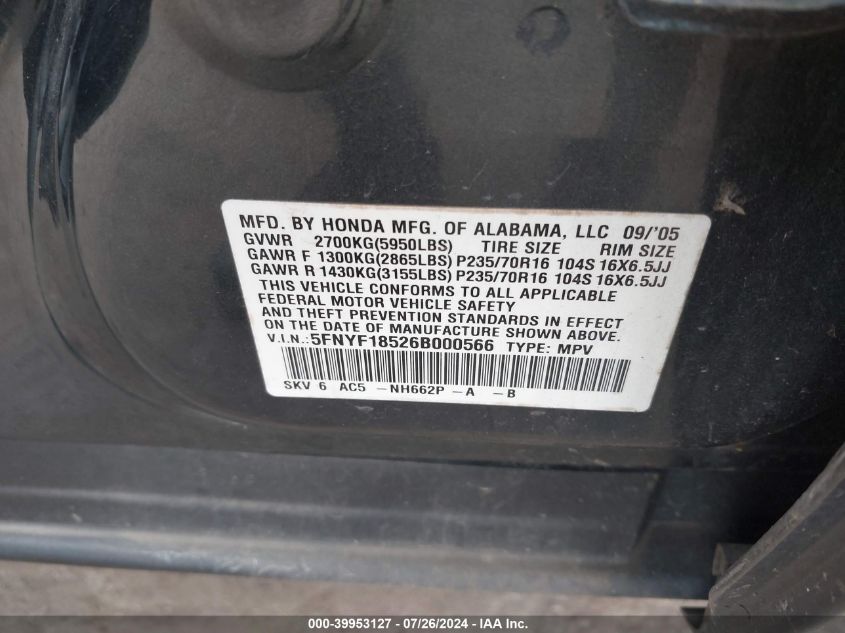 2006 Honda Pilot Ex-L VIN: 5FNYF18526B000566 Lot: 39953127