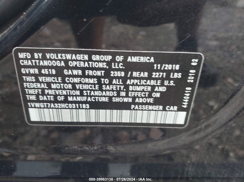 2017 Volkswagen Passat 1.8T Se VIN: 1VWGT7A32HC031183 Lot: 39953138