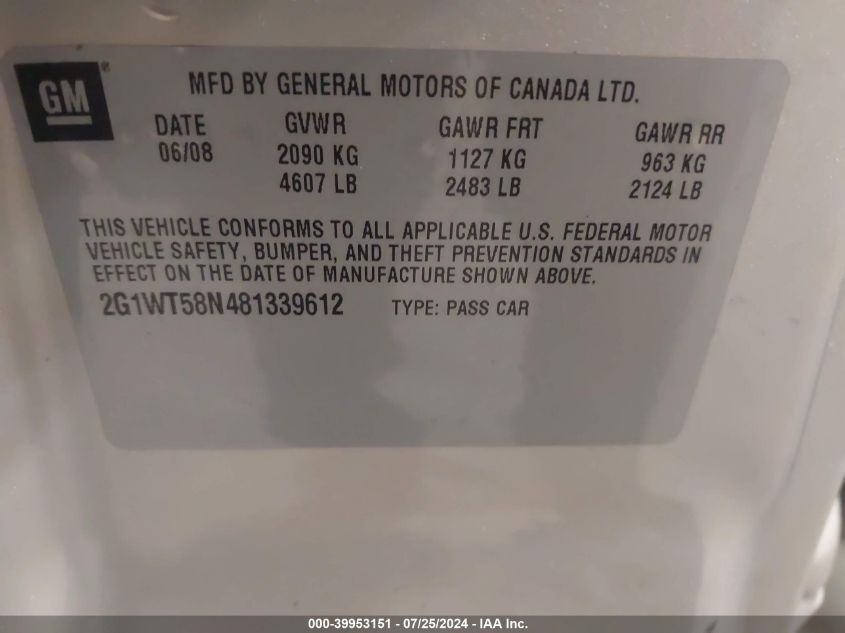 2008 Chevrolet Impala Lt VIN: 2G1WT58N481339612 Lot: 39953151