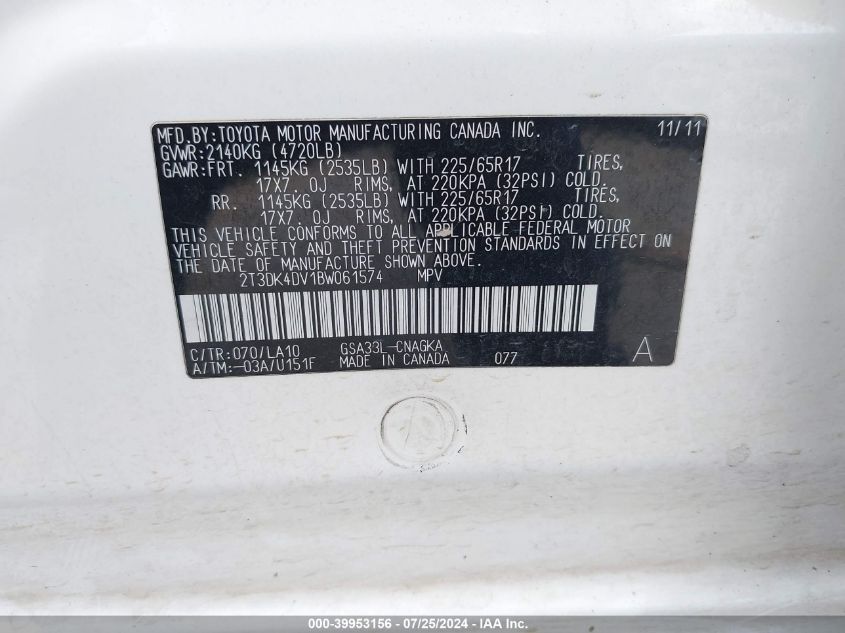 2011 Toyota Rav4 Limited V6 VIN: 2T3DK4DV1BW061574 Lot: 39953156