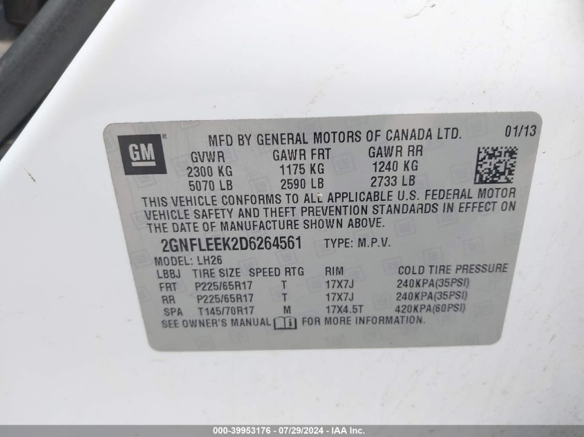 2013 Chevrolet Equinox Lt VIN: 2GNFLEEK2D6264561 Lot: 39953176