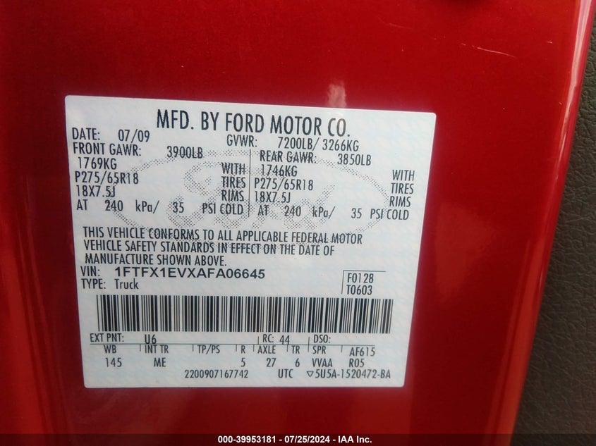 2010 Ford F150 Super Cab VIN: 1FTFX1EVXAFA06645 Lot: 39953181