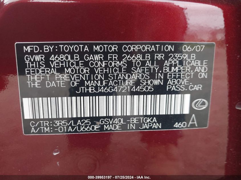 2007 Lexus Es 350 VIN: JTHBJ46G472144505 Lot: 39953197