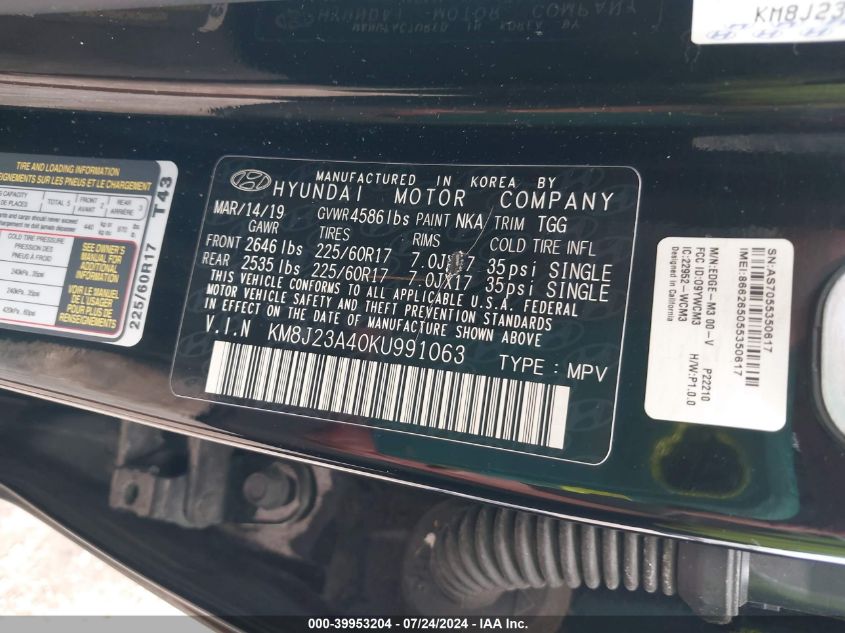 2019 Hyundai Tucson Se VIN: KM8J23A40KU991063 Lot: 39953204