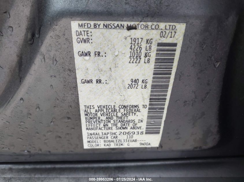 1N4AL3AP3HC206938 2017 Nissan Altima 2.5 Sv