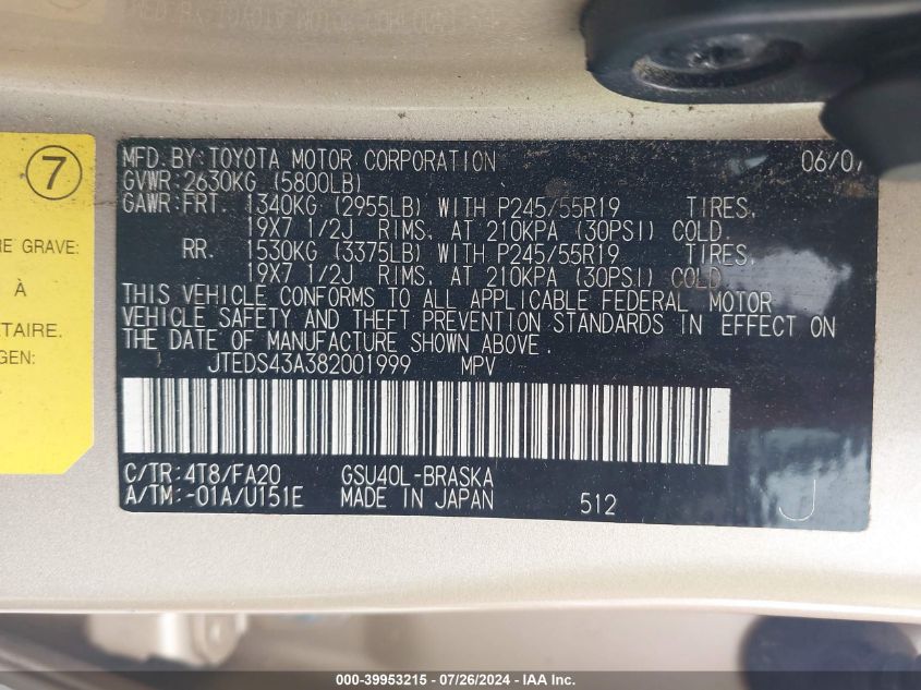 2008 Toyota Highlander Sport VIN: JTEDS43A382001999 Lot: 39953215