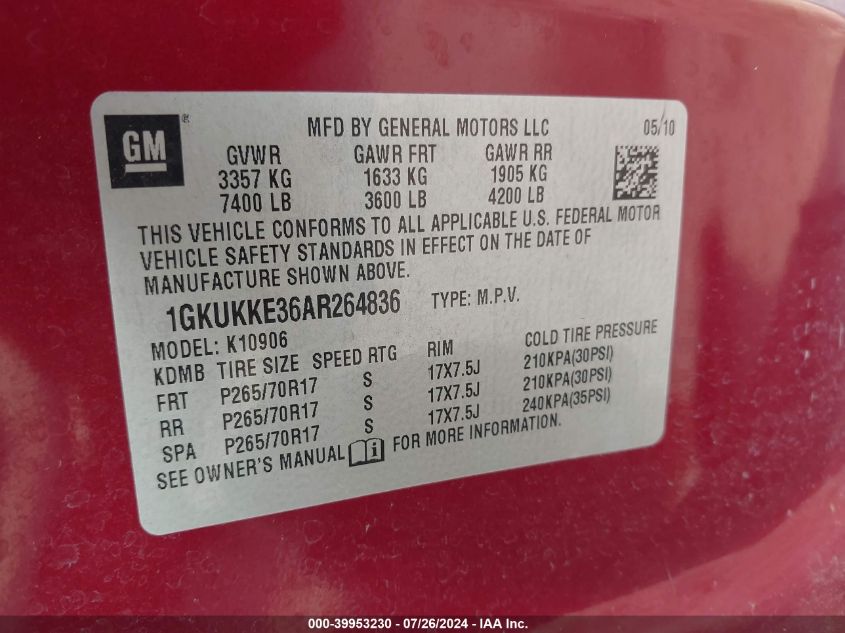 2010 GMC Yukon Xl 1500 Slt VIN: 1GKUKKE36AR264836 Lot: 39953230