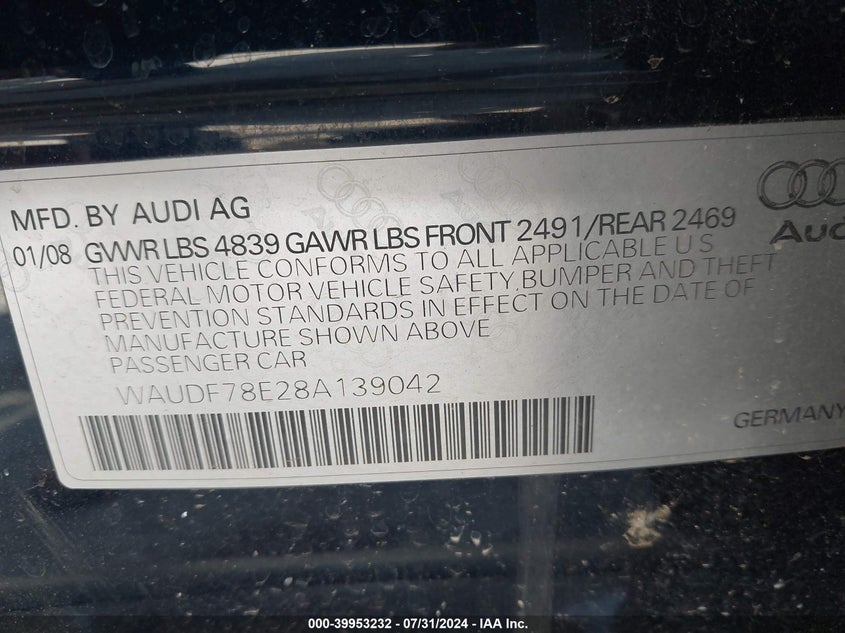 2008 Audi A4 2.0T/2.0T Special Edition VIN: WAUDF78E28A139042 Lot: 39953232