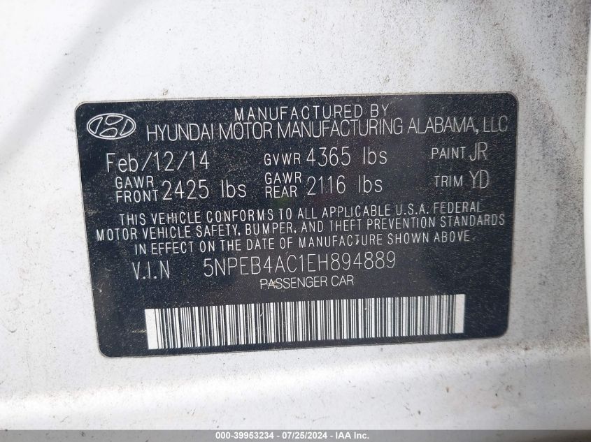 5NPEB4AC1EH894889 2014 Hyundai Sonata Gls