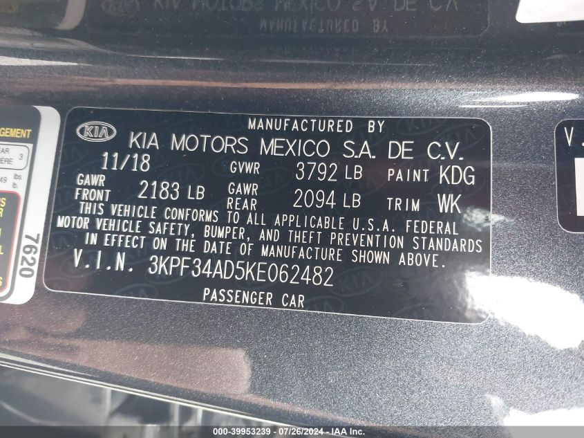 2019 Kia Forte S VIN: 3KPF34AD5KE062482 Lot: 39953239