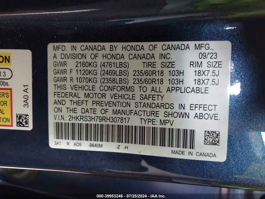 VIN 2HKRS3H79RH307817 2024 HONDA CR-V EX-L 2WD