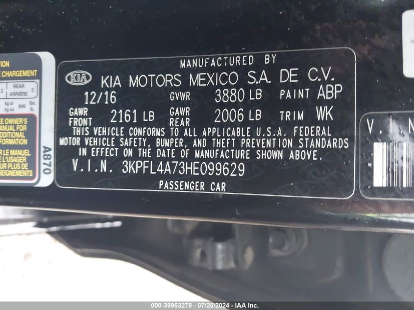 2017 Kia Forte Lx/S VIN: 3KPFL4A73HE099629 Lot: 39953278