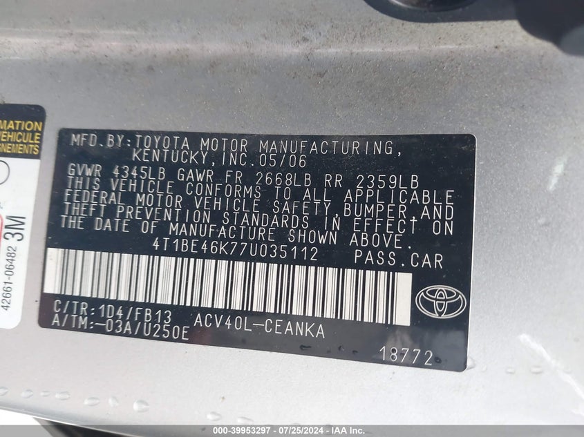 2007 Toyota Camry Ce/Le/Se/Xle VIN: 4T1BE46K77U035112 Lot: 39953297