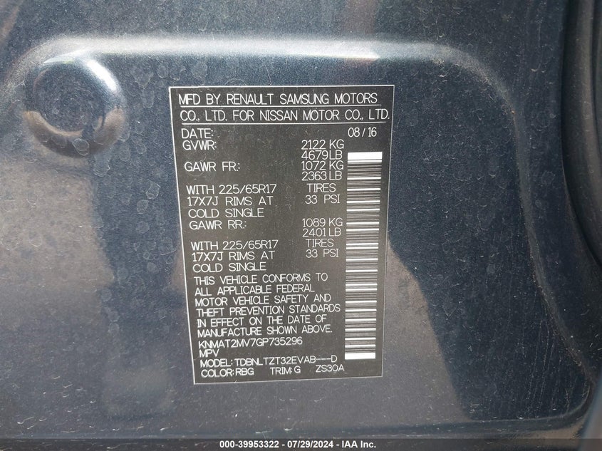 2016 NISSAN ROGUE SV - KNMAT2MV7GP735296