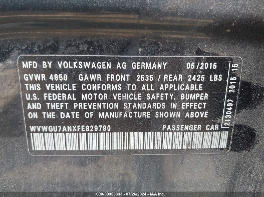 WVWGU7ANXFE829790 2015 Volkswagen Cc 3.6L V6 Executive