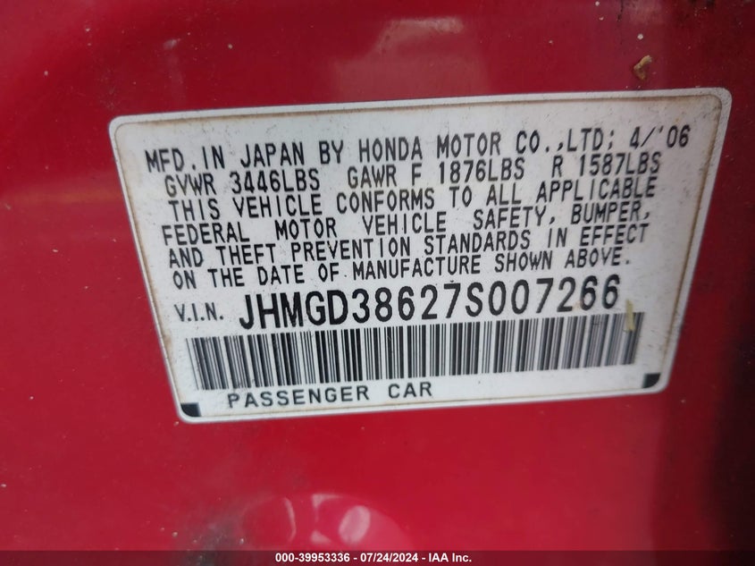 2007 Honda Fit Sport VIN: JHMGD38627S007266 Lot: 39953336