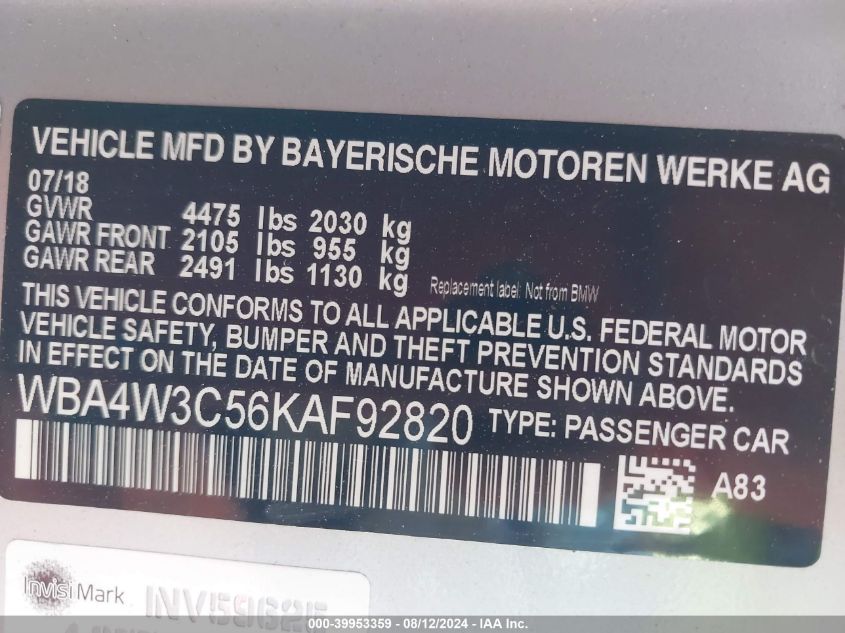 WBA4W3C56KAF92820 2019 BMW 430I