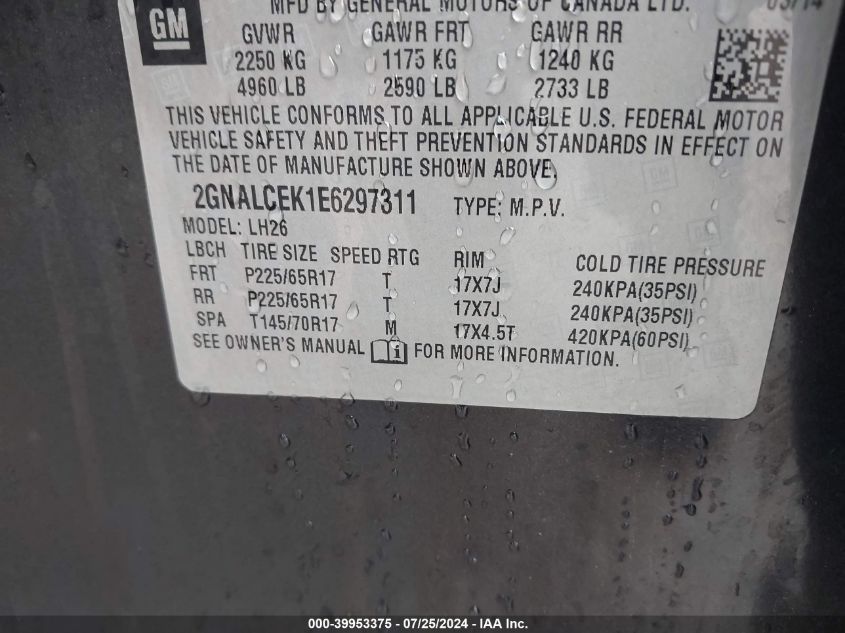 2014 Chevrolet Equinox 2Lt VIN: 2GNALCEK1E6297311 Lot: 39953375