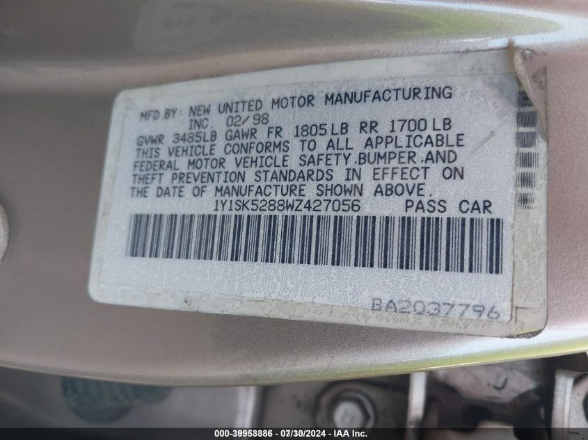 1998 Chevrolet Prizm Lsi VIN: 1Y1SK5288WZ427056 Lot: 39953386
