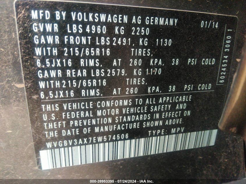 WVGBV3AX7EW574506 2014 Volkswagen Tiguan S