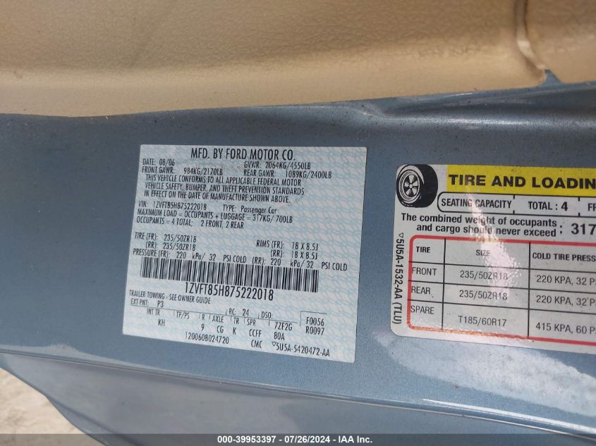 2007 Ford Mustang Gt Deluxe/Gt Premium VIN: 1ZVFT85H875222018 Lot: 39953397