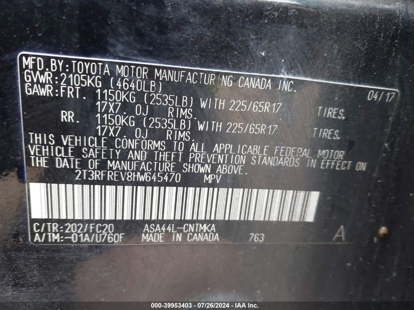 2017 Toyota Rav4 Xle VIN: 2T3RFREV8HW645470 Lot: 39953403