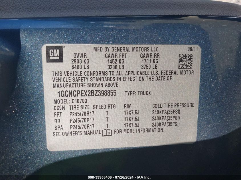 2011 Chevrolet Silverado 1500 C1500 VIN: 1GCNCPEX2BZ398855 Lot: 39953406