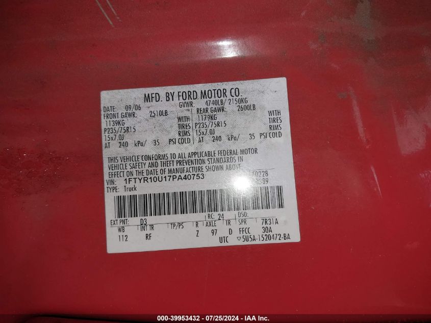 2007 Ford Ranger Sport/Stx/Xl/Xlt VIN: 1FTYR10U17PA40753 Lot: 39953432
