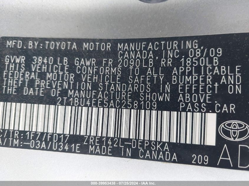 2010 Toyota Corolla S VIN: 2T1BU4EE5AC258109 Lot: 39953438