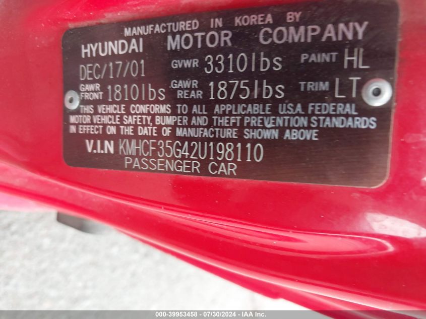 2002 Hyundai Accent L VIN: KMHCF35G42U198110 Lot: 39953458