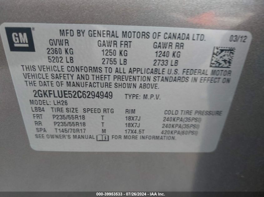 2012 GMC Terrain Slt VIN: 2GKFLUE52C6294949 Lot: 39953533