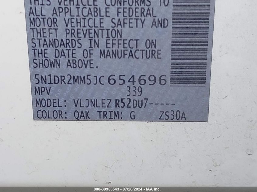 2018 Nissan Pathfinder S/Sv/Sl/Platinum VIN: 5N1DR2MM5JC654696 Lot: 39953543