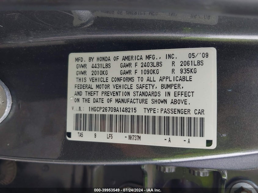 2009 Honda Accord 2.4 Ex VIN: 1HGCP26709A148215 Lot: 39953549