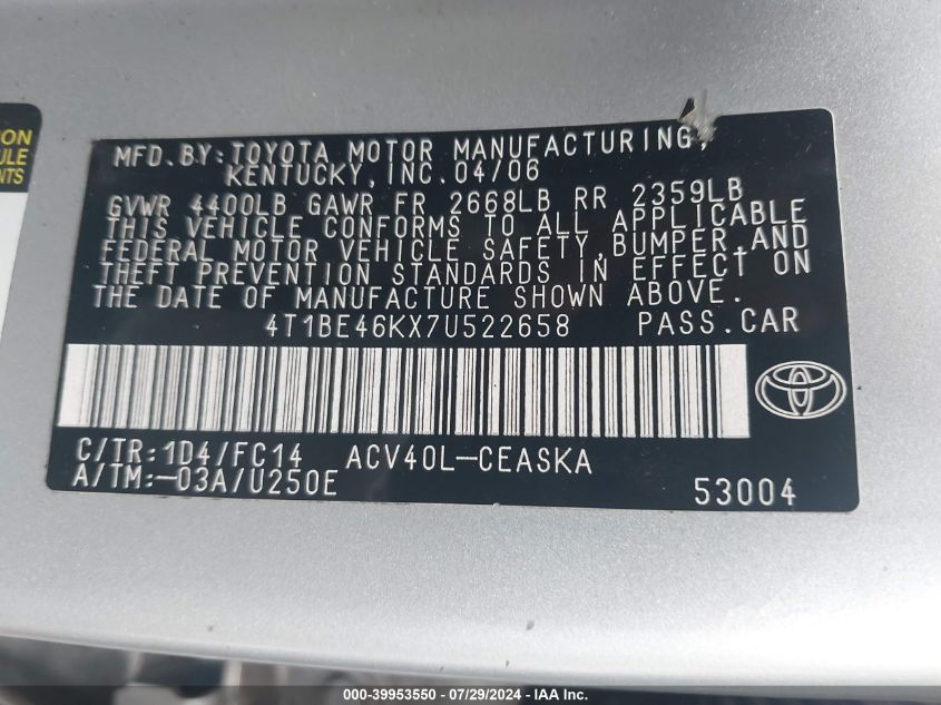 2007 Toyota Camry Se VIN: 4T1BE46KX7U522658 Lot: 39953550