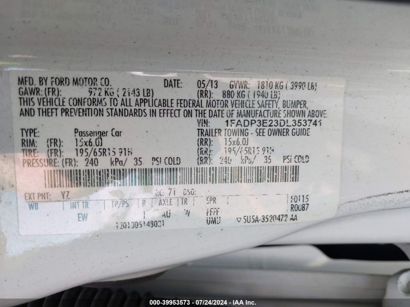 1FADP3E23DL353741 | 2013 FORD FOCUS