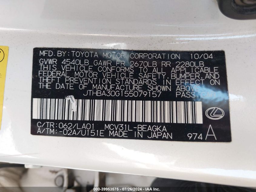 2005 Lexus Es 330 VIN: JTHBA30G155079157 Lot: 39953575