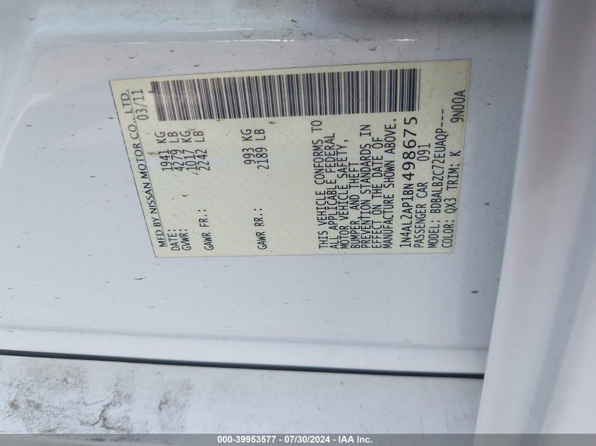 2011 Nissan Altima 2.5 S VIN: 1N4AL2AP1BN498675 Lot: 39953577