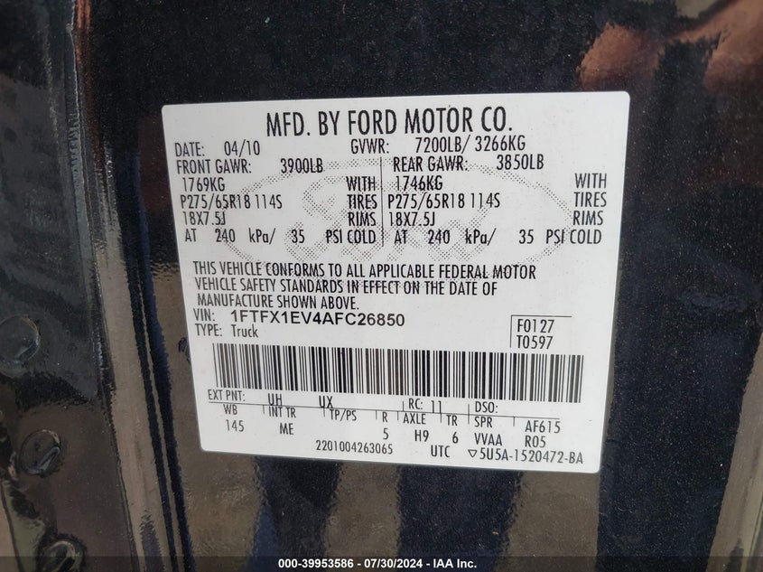 2010 Ford F-150 Fx4/Lariat/Xl/Xlt VIN: 1FTFX1EV4AFC26850 Lot: 39953586