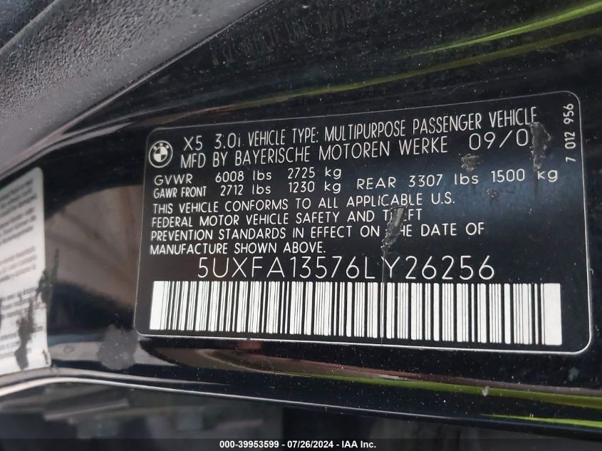 2006 BMW X5 3.0I VIN: 5UXFA13576LY26256 Lot: 39953599