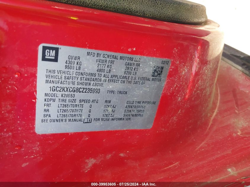 2012 Chevrolet Silverado 2500Hd Lt VIN: 1GC2KXCG8CZ235993 Lot: 39953605