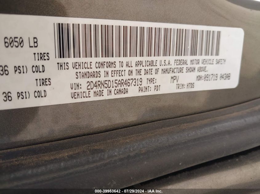 2010 Dodge Grand Caravan Sxt VIN: 2D4RN5D15AR467319 Lot: 39953642