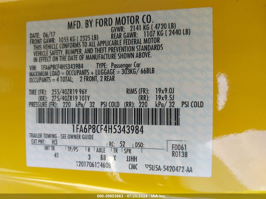 VIN 1FA6P8CF4H5343984 2017 FORD MUSTANG GT PREMIUM