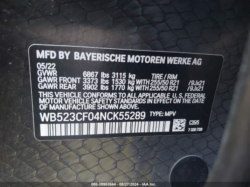 2022 BMW Ix xDrive50 VIN: WB523CF04NCK55289 Lot: 39953664