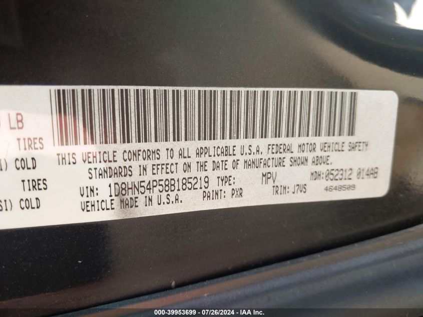 2008 Dodge Grand Caravan Sxt VIN: 1D8HN54P58B185219 Lot: 39953699