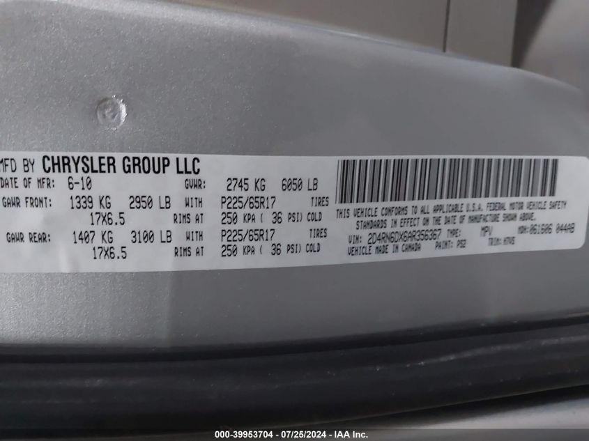 2010 Dodge Grand Caravan Crew VIN: 2D4RN6DX6AR356367 Lot: 39953704